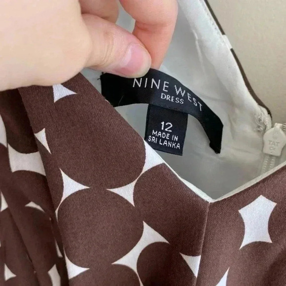 Nine West Brown and White Polka Dot Fit & Flare Dress, Belted Dress, Size 12 - Picture 11 of 16